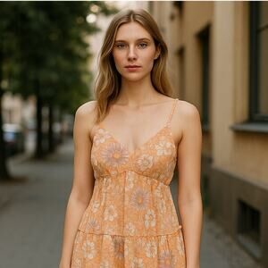 WALLFLOWER Orange Floral Smocked Babydoll Boho Halter Top ~ Women's Size MEDIUM